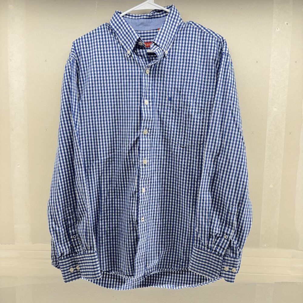 IZOD Button Down Shirt Mens Large Long Sleeve Blue White Plaid Pocket Poplin